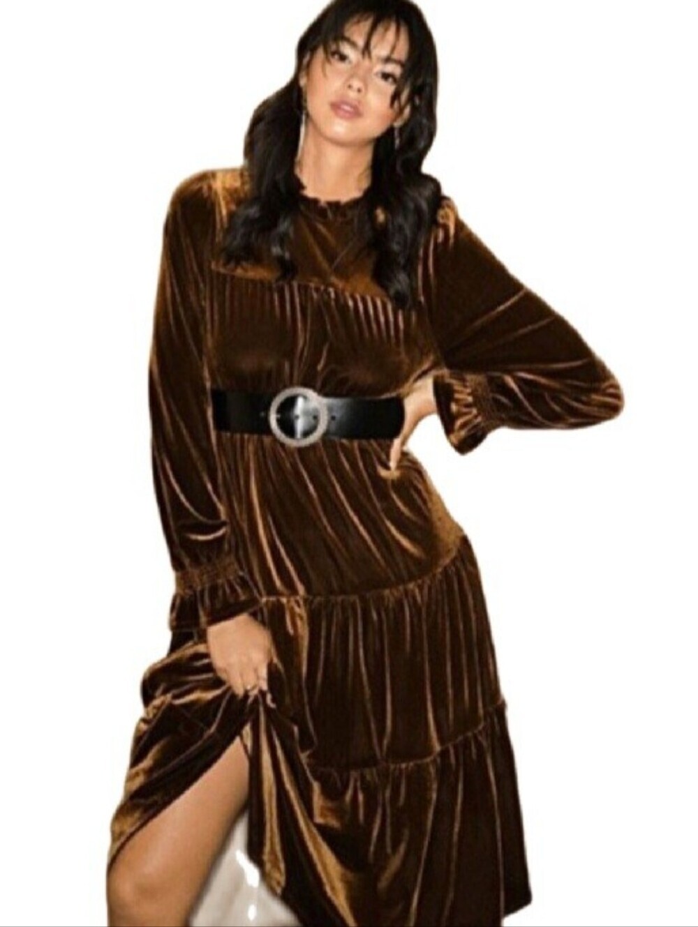 NWT Icone By Simons Velvet Tiered Midi Dress Ruffle Sz P/S Brown Boho Fall